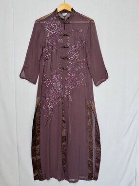 90s Vintage t Rose Sheer Dusty Plum Beaded 3/4 Sleeve Long Tunic Duster Small